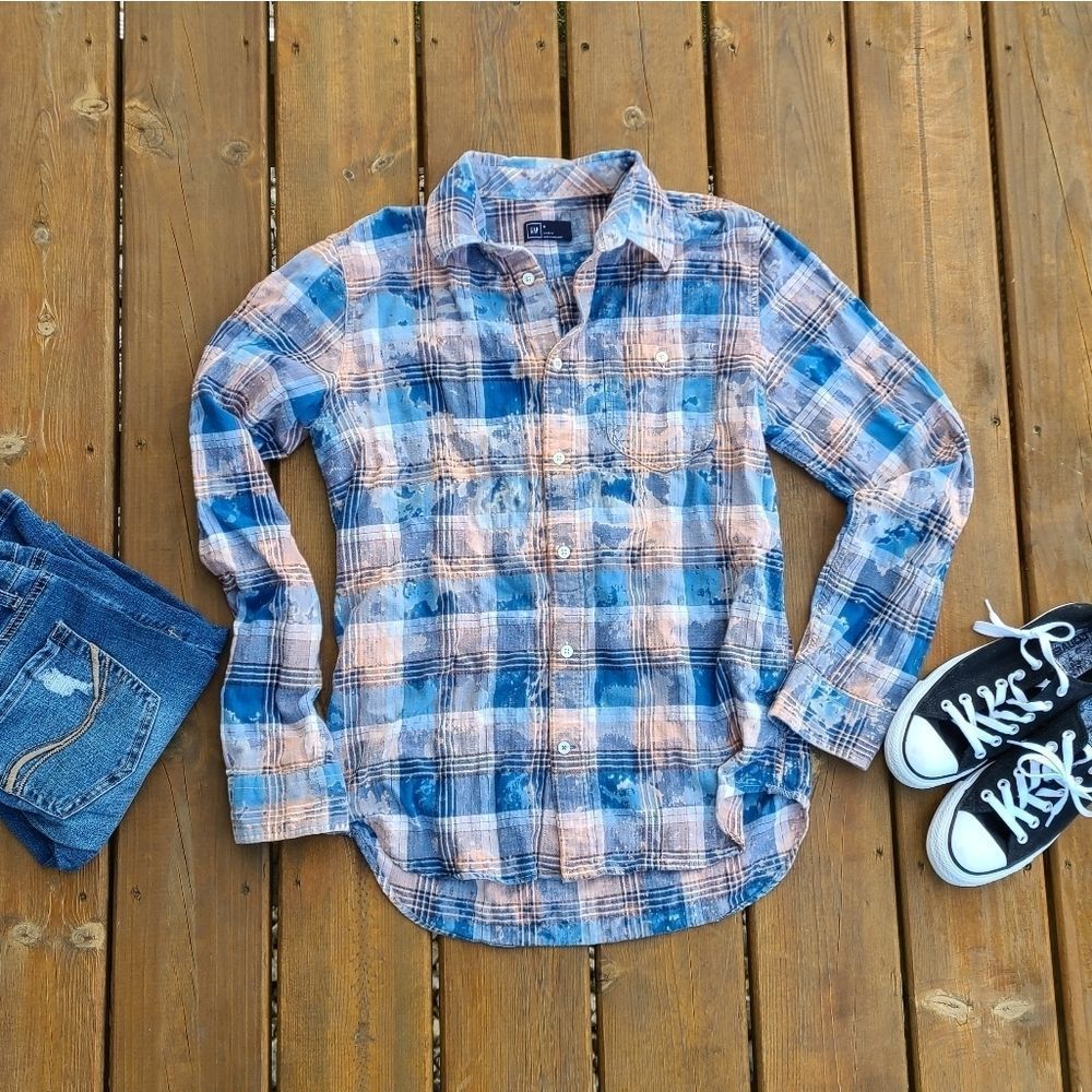 Upcycled Bleached Tie Dye Button Down Shirt Plaid Blue Size M